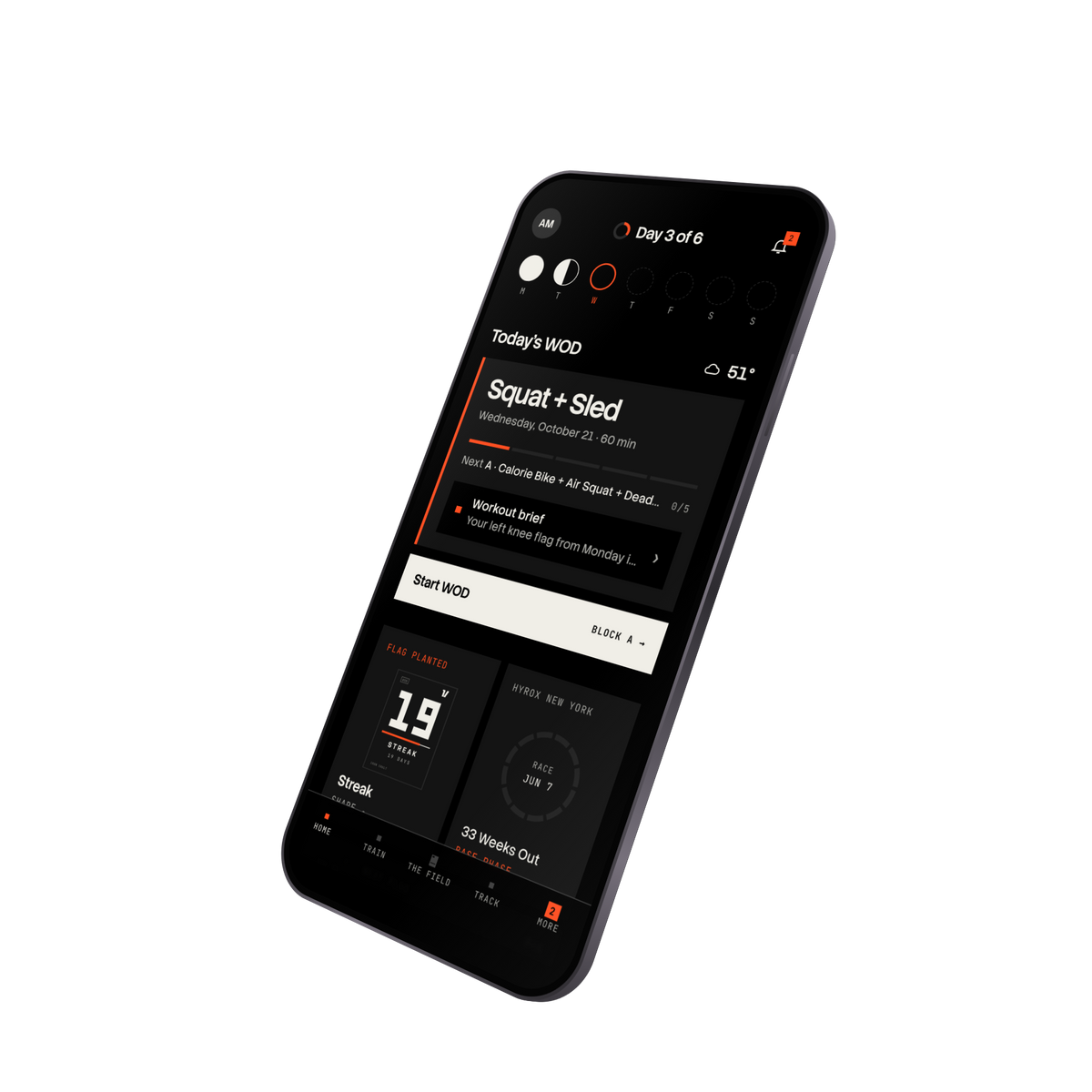 The IRON VAULT Performance app on a phone, showing today's workout